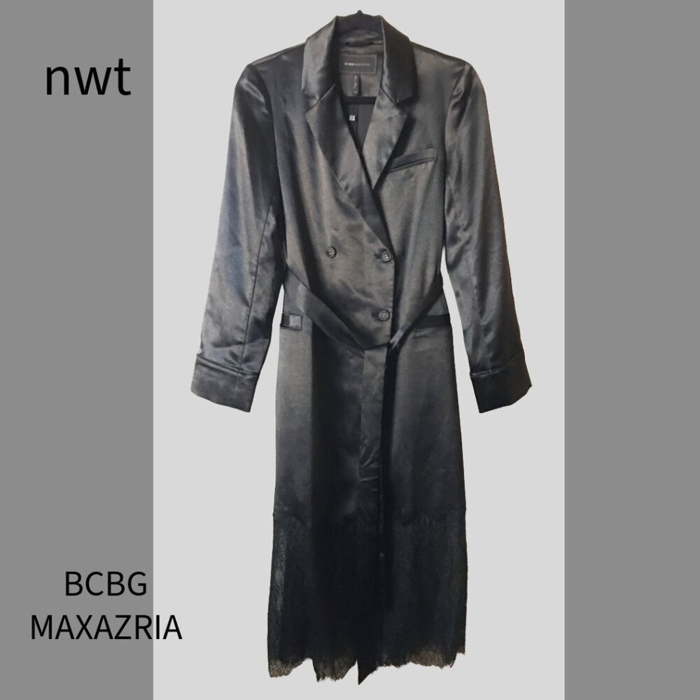 NEW NWT Black BCBGMAXAZRIA Belted Satin Trench Coat with Lace Bottom  SZ XS